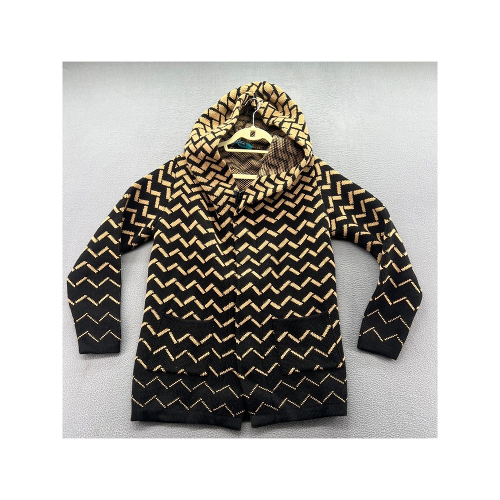Suslo Couture Sweater Large Mens Black Tan Chevron Hooded Zip Up Cardigan NWT